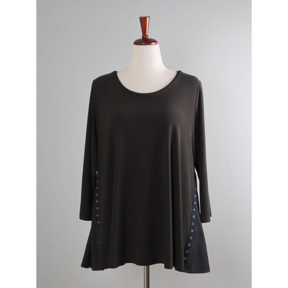 SUN KIM $98 Slinky Stretch Snap Up Contrast Sides Brown Tunic Top Size Large